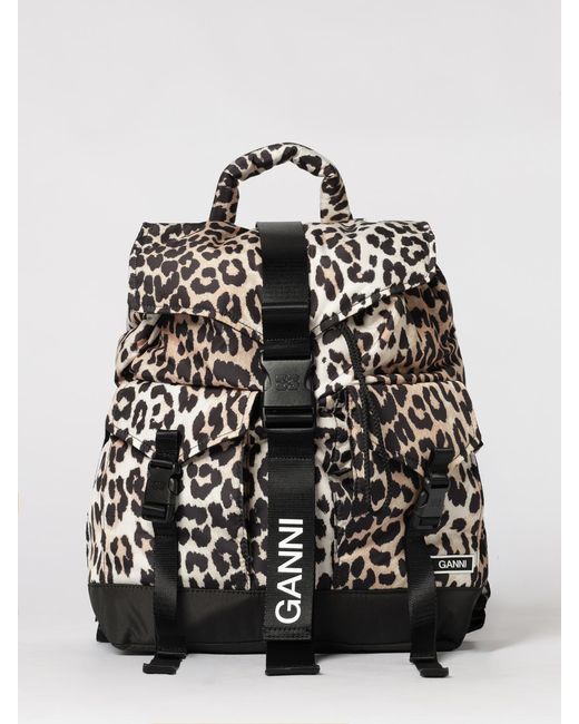 Ganni Black Recycled Nylon Backpack With Animal Print