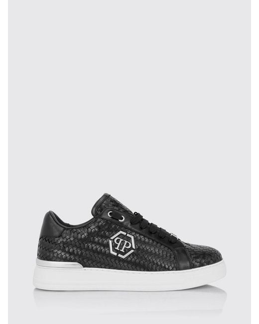 Philipp Plein White Woven Leather Low-Top Sneakers With Hexagon Logo for men