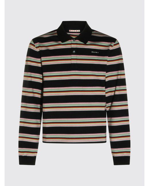 Marni Blue Long-Sleeved Striped Cotton Polo Shirt With Contrast Logo for men