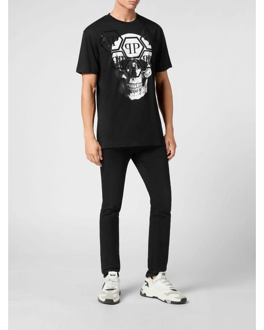 Philipp Plein Black Cotton T-Shirt With Skull Print And Rhinestone Hexagon Logo for men
