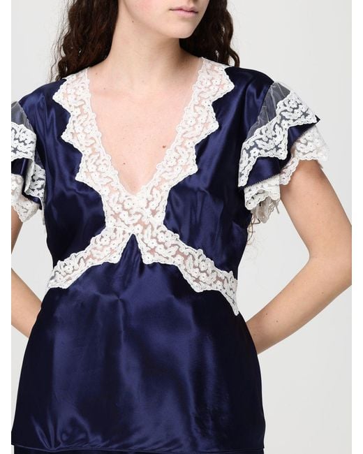 Alberta Ferretti Blue Satin Blouse With Lace Inserts
