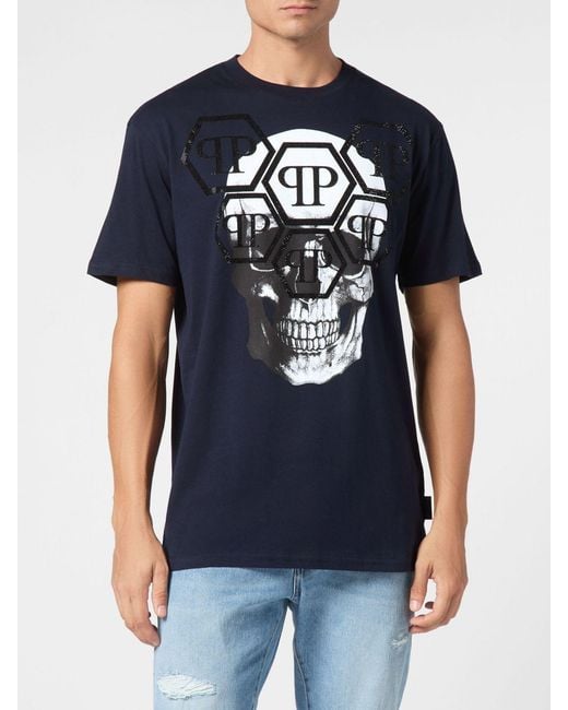 Philipp Plein Blue Cotton T-Shirt With Skull Print And Rhinestone Hexagon Logo for men