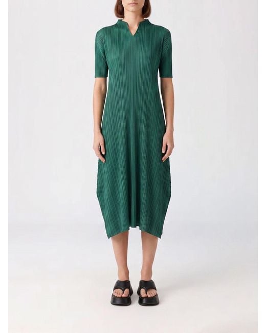 Pleats Please Issey Miyake Green Pleated Crepe Midi Dress