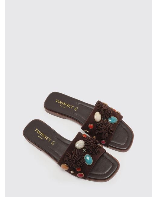 Twinset Brown Suede Mules With Stones