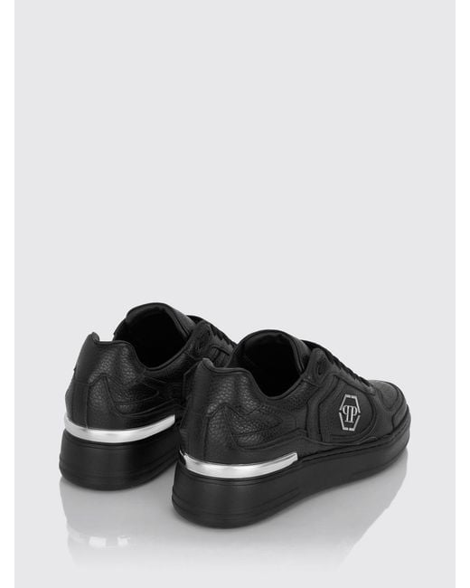 Philipp Plein Black Pit-$Top Monogram Leather Low-Top Trainers With Hexagon Logo for men