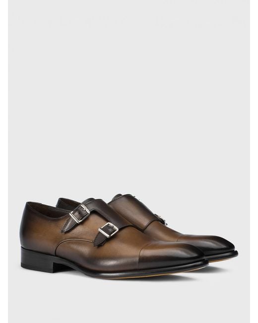 Doucal's Brown Leather Monk Strap Shoes for men