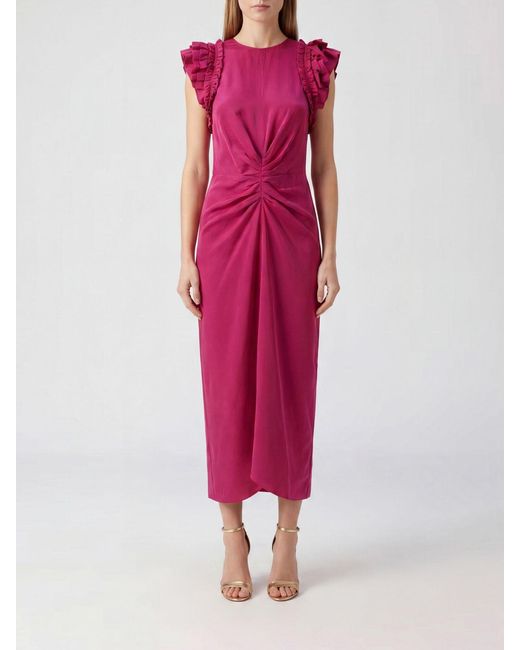 Isabel Marant Pink Teriany Asymmetrical Silk Midi Dress With Ruffles