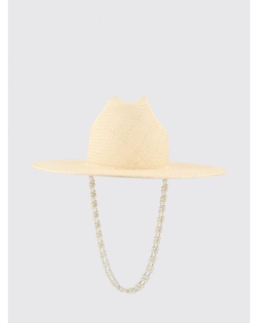 Ruslan Baginskiy White Wide-Brim Raffia Hat With Pearls And Chain Mail