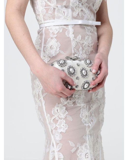Self-Portrait Natural Satin Clutch With Rhinestones And Faux Pearls