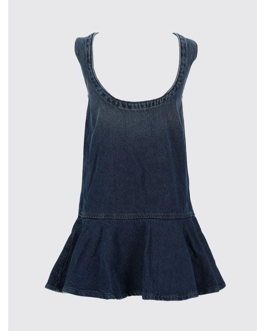 Ganni Blue Sleeveless A-Line Cotton Mini Dress With Ruffles