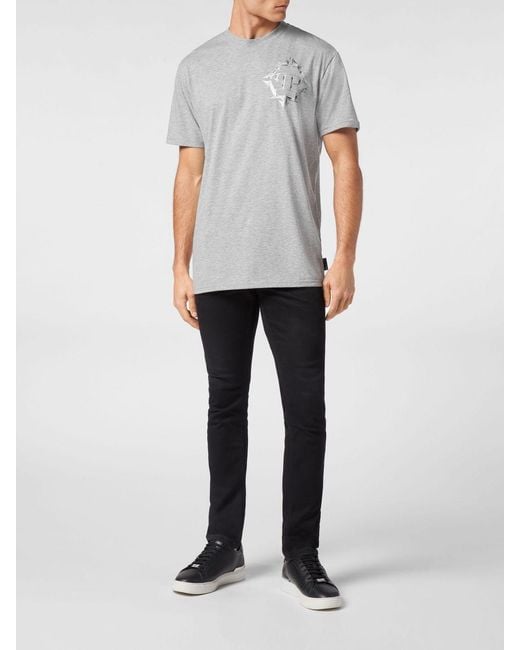 Philipp Plein Gray Cotton T-Shirt With Monogram Print And Hexagon Logo for men