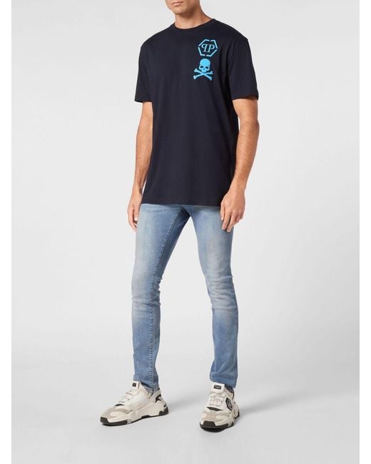 Philipp Plein Blue Cotton T-Shirt With Skull And Logo Print for men