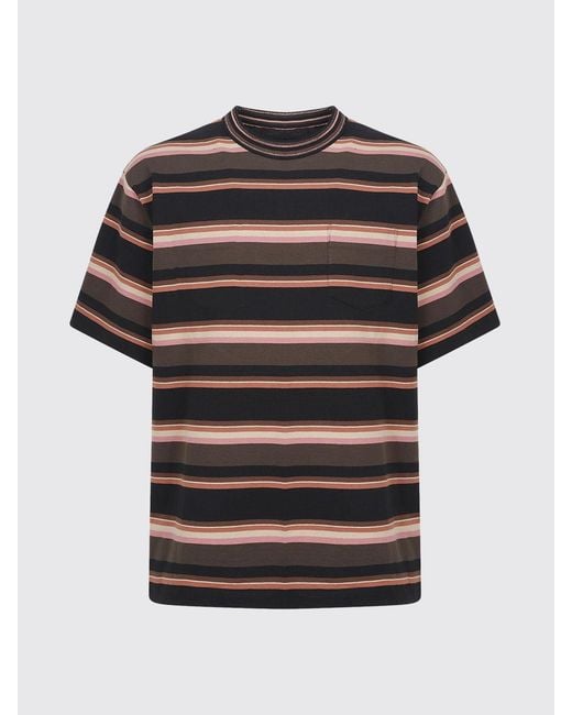 Sacai Black Striped Cotton T-Shirt With Patch Pocket And Dropped Shoulders for men
