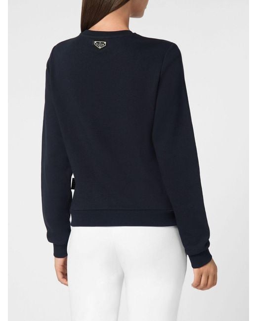 Philipp Plein Blue Crewneck Cotton Sweatshirt With Contrast Logo Print