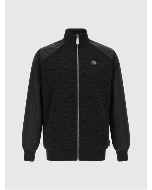 Philipp Plein Blue Hexagon Logo High Neck Zipped Cotton-Blend Sweatshirt for men