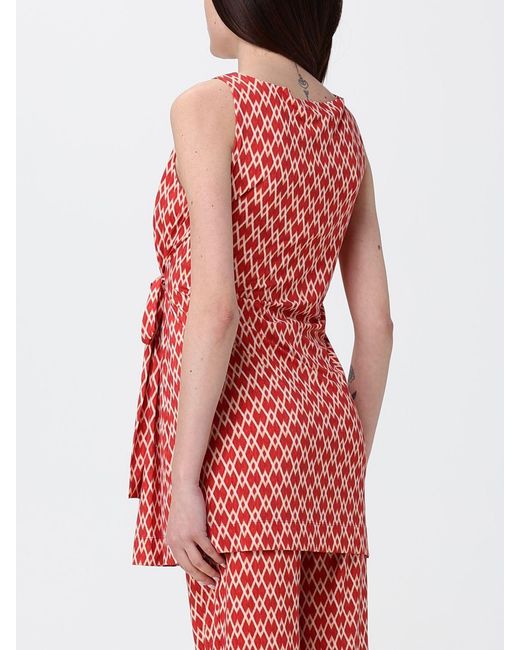 Maliparmi Red Sleeveless V-Neck Top With Diamond Print And Ribbons