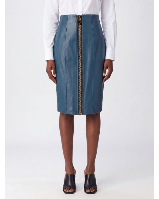 Balmain Blue High-Waisted Lamb Leather Midi Pencil Skirt With Slit