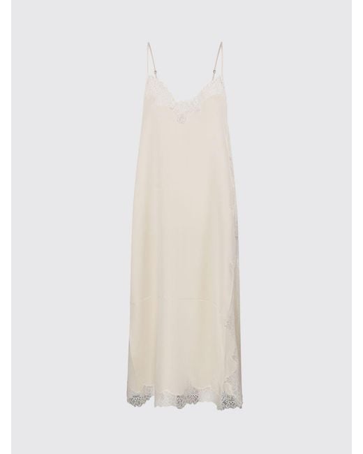 Mes Demoiselles White Midi Silk Slip Dress With Lace Inserts And V-Neck