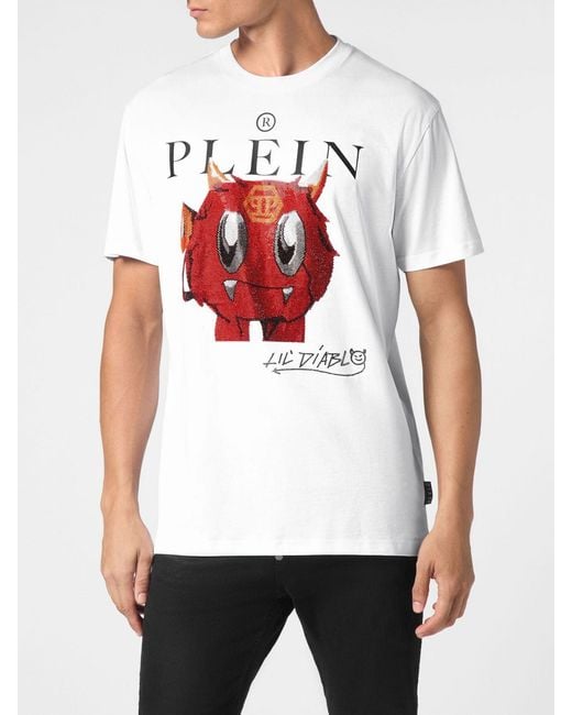 Philipp Plein White Cotton T-Shirt With Graphic Print And Rhinestone Applications for men