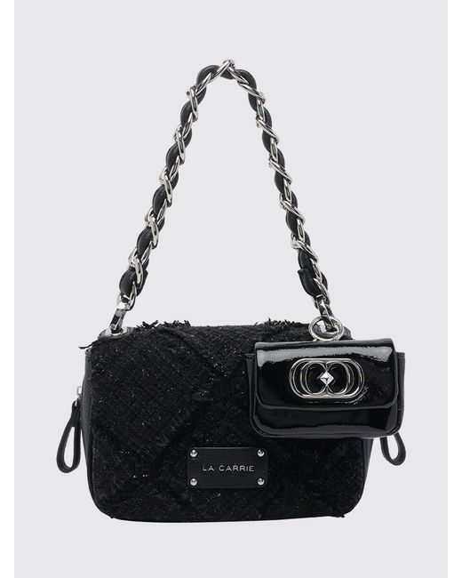 La Carrie Black Tweed Mini Shoulder Bag With Woven Chain Handle