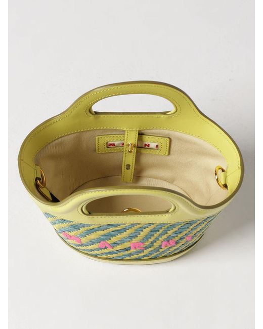 Marni Blue Tropicalia Mini Raffia And Leather Bag With Embroidered Logo