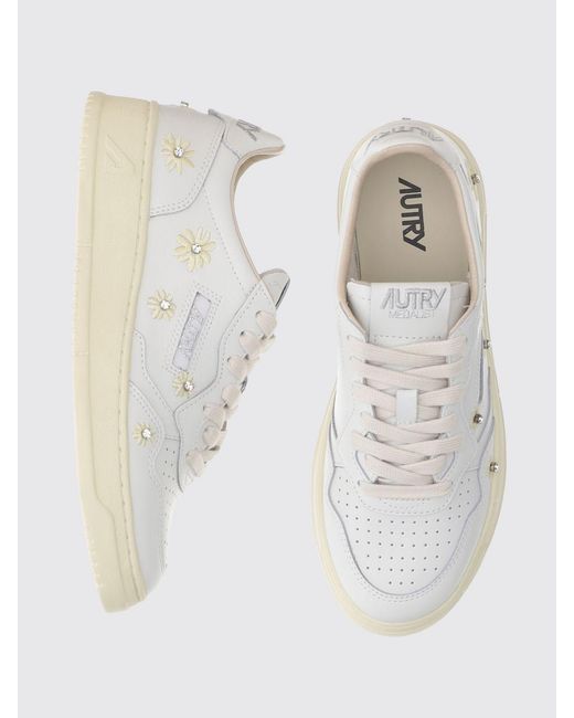 Autry White Medalist Low Leather Sneakers With Embroidered Flowers And Rhinestones