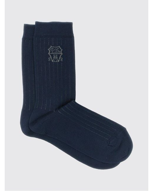 Brunello Cucinelli Blue Ribbed Cotton Socks With Logo for men