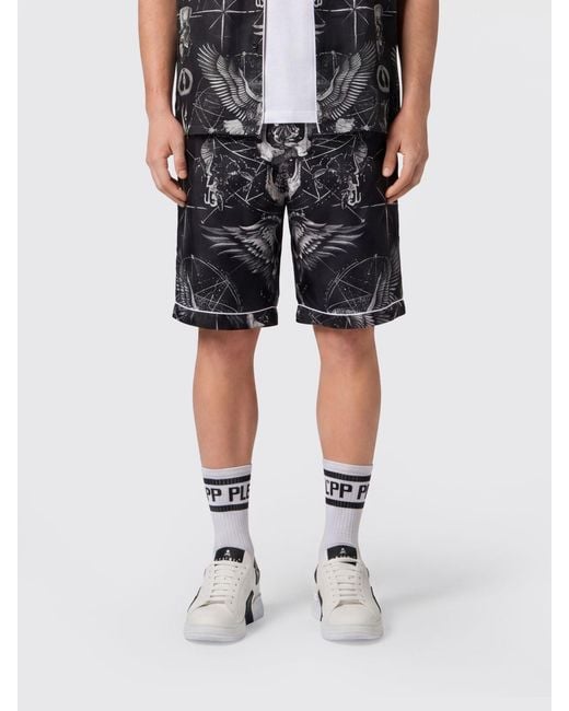 Philipp Plein Black Silk Jogging Shorts With Graphic Print And Drawstring for men