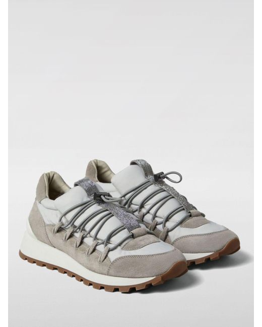 Sneakers in camoscio e nylon con monile di Brunello Cucinelli in White