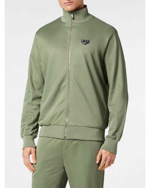 Philipp Plein Green Cotton-Blend High Neck Zip Sweatshirt With Applied Logo for men