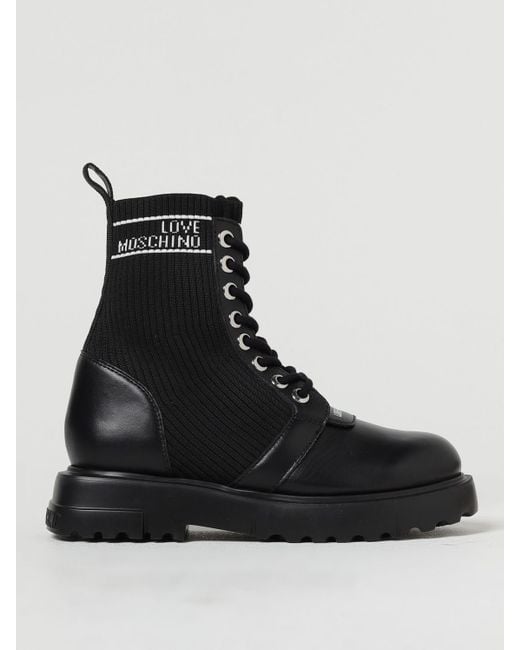 Love Moschino Black Ankle Boots In Leather And Stretch Knit
