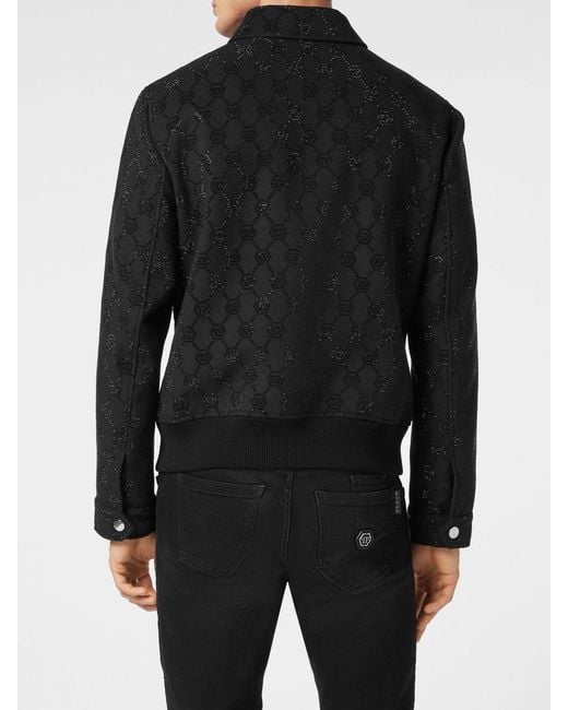 Philipp Plein Black Rhinestone Monogram Wool Bomber Jacket for men