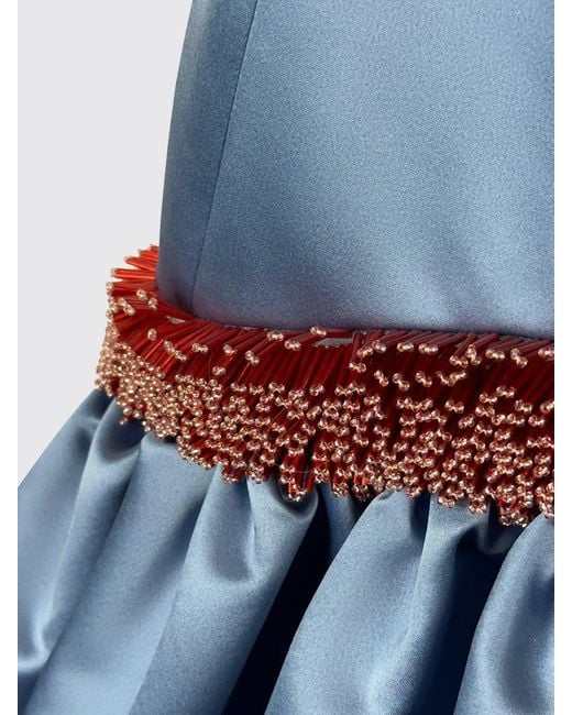 Vivetta Blue Flared Satin Midi Evening Dress With Beaded Embellishments