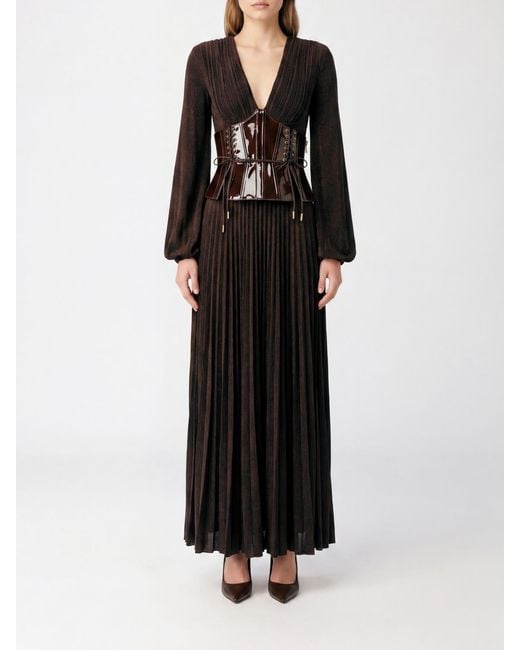 Elisabetta Franchi Black Long Viscose Blend Evening Gown With A Corset Bodice And V-Neck