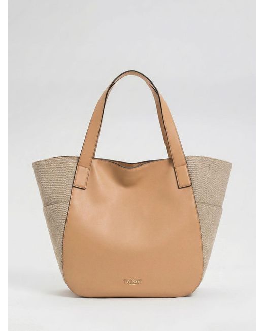 Twinset Natural Canvas And Faux Leather Bag