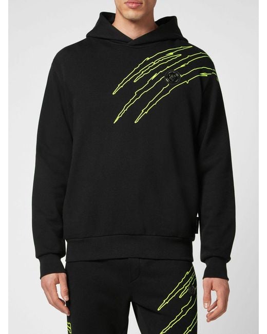 Philipp Plein Black Cotton Hoodie With Graphic Print And Hexagon Logo for men