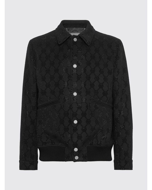 Philipp Plein Black Rhinestone Monogram Wool Bomber Jacket for men