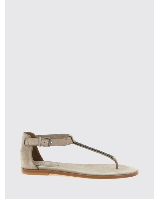 Brunello Cucinelli Natural Suede Low-Heeled Thong Sandals