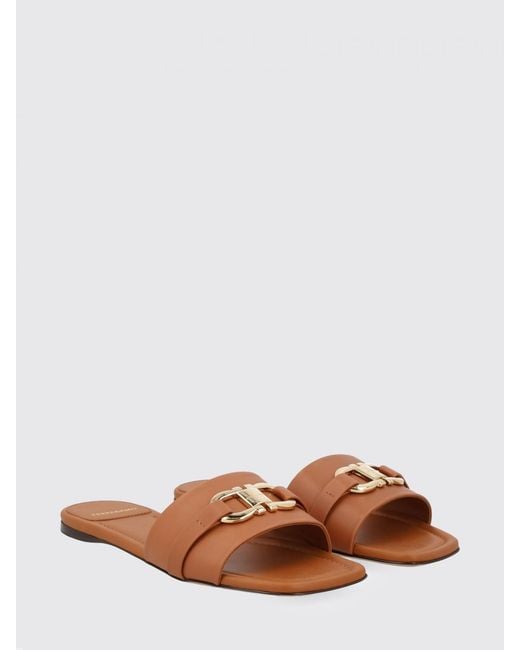 Ferragamo Brown Gancini Smooth Flat Slide Sandals With Open Square Toe And Logo