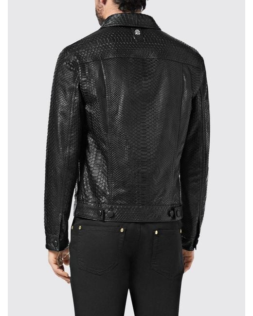 Billionaire Black Snakeskin Leather Shirt Jacket With Applied Patch Pockets for men