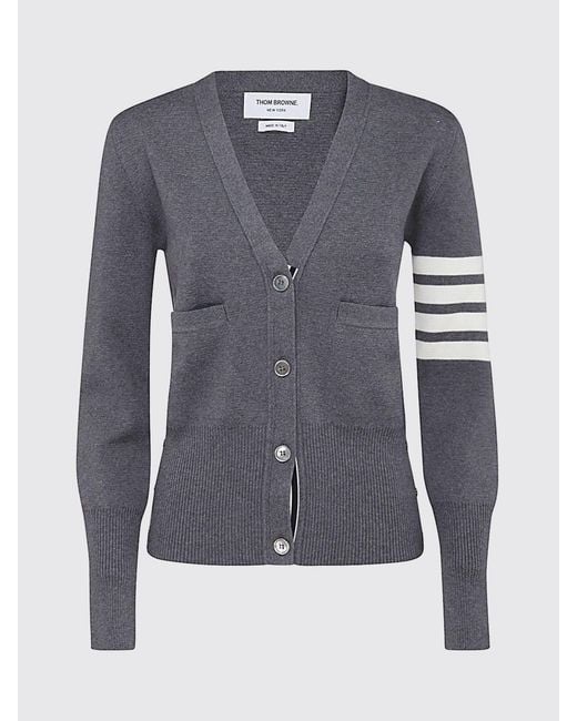 Thom Browne Blue V-Neck Wool Cardigan With 4-Bar Detail