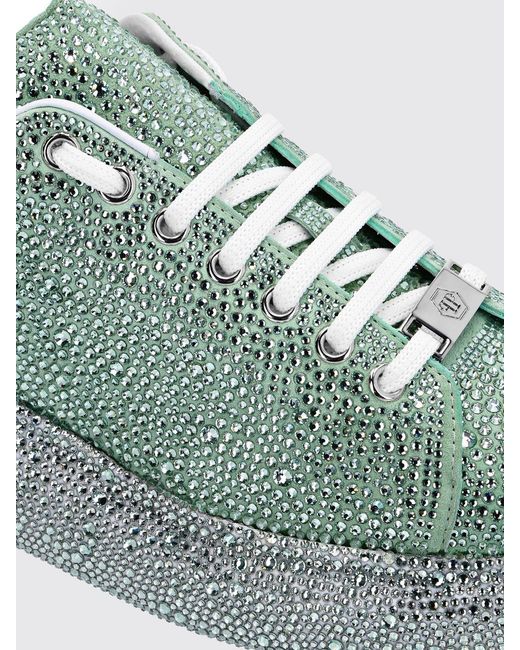Philipp Plein Green Leather Platform Sneakers With Embroidered Details And Rhinestones