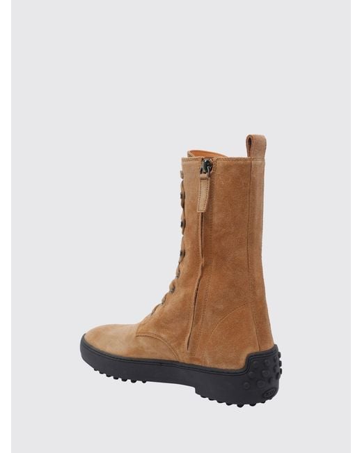 Tod's Brown Calf-High Suede Combat Boots With T Timeless Logo And Gommino Sole