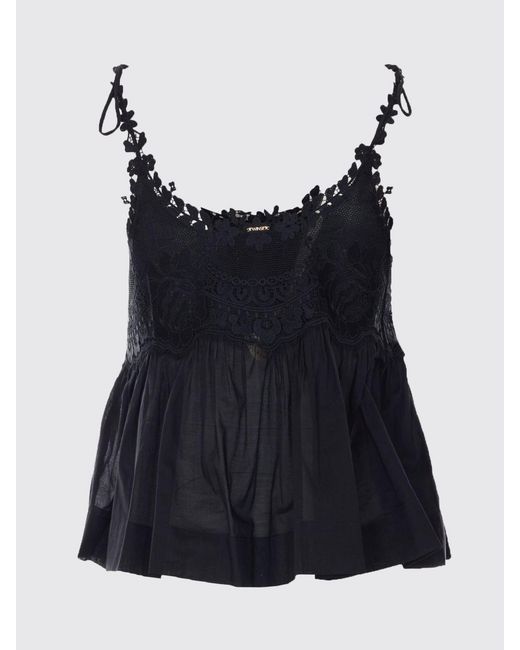 Twinset Black Cotton Top With Lace Inserts