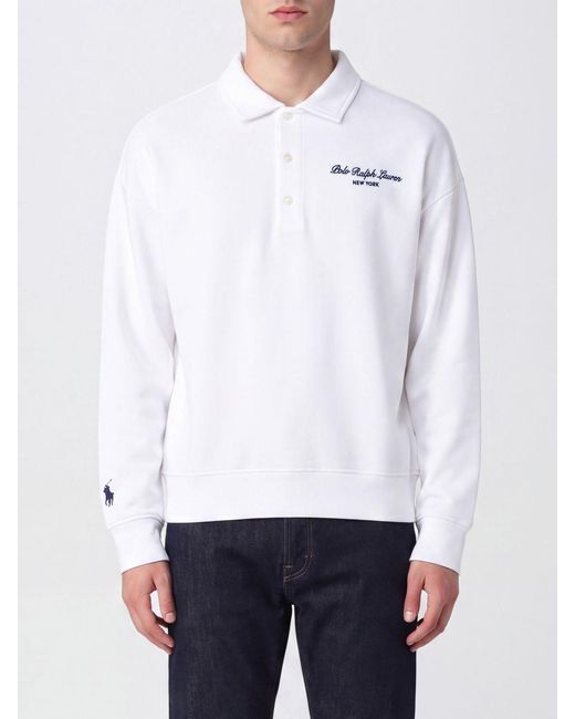 Polo Ralph Lauren White Long-Sleeved Cotton-Blend Polo Shirt With Contrast Logo for men