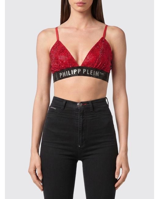 Philipp Plein Black Cropped Jersey Bralette Top With Rhinestone Logo
