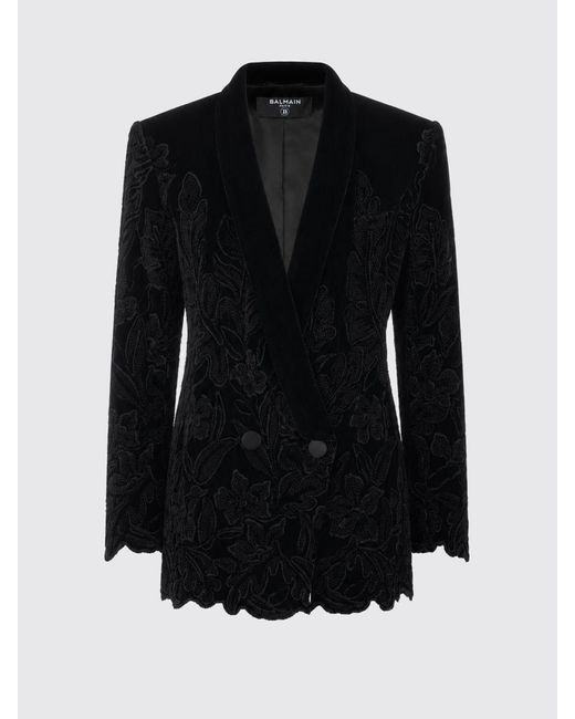 Balmain Blue Double-Breasted Velvet Blazer With Floral Embroidery And Shawl Collar