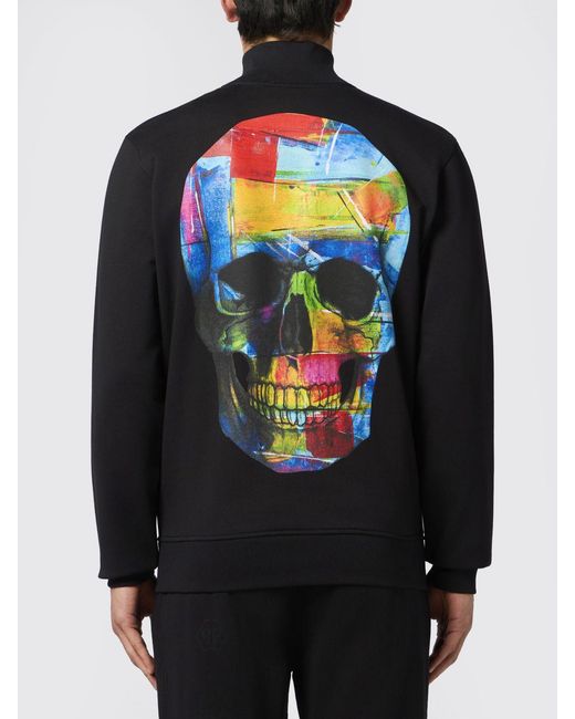 Philipp Plein Black Jersey Zip-Up Sweatshirt With High Neck And Skull Print for men