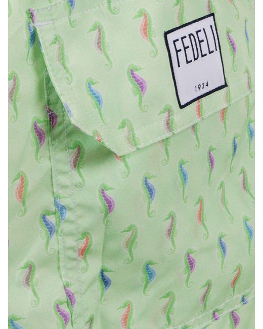 Fedeli Green Polyester Swimsuit With Seahorse Print for men