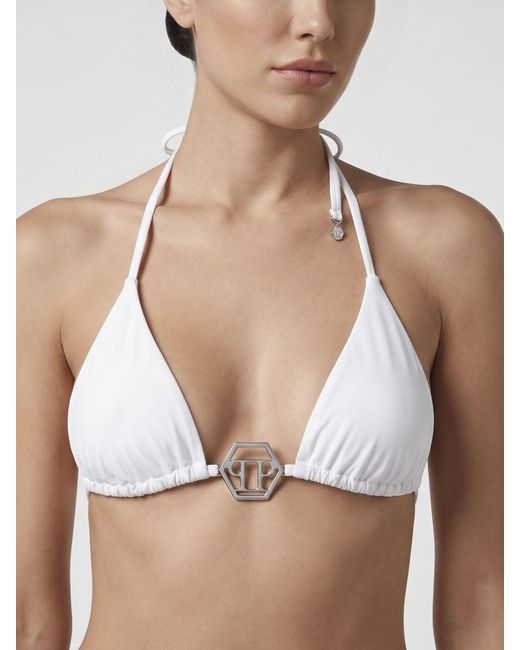 Philipp Plein Natural Triangle Bikini Top With Monogram Print And Hexagon Logo